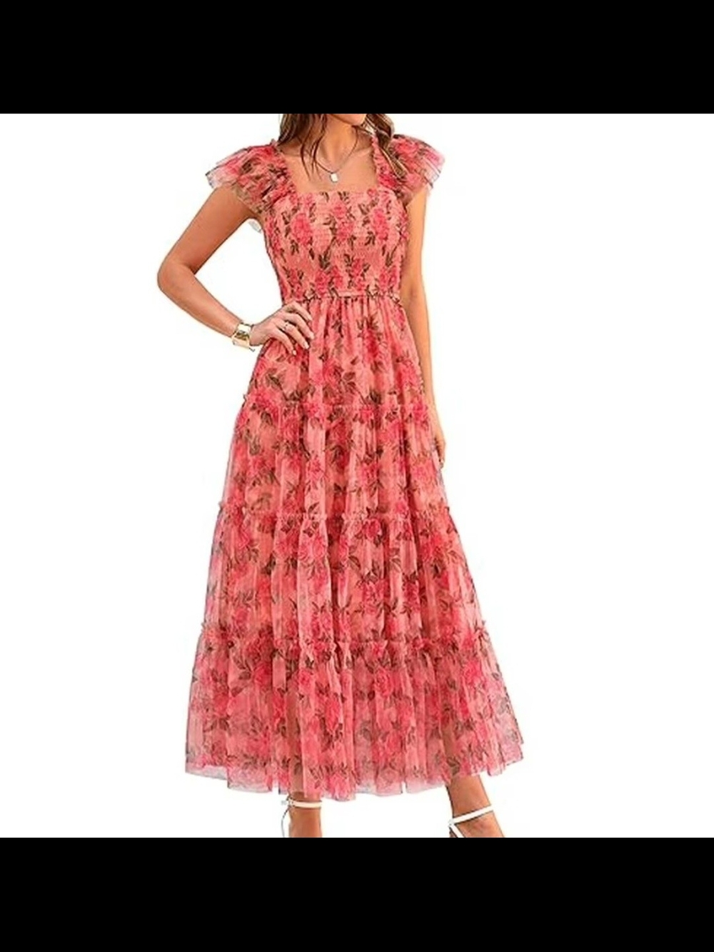 PRETTYGARDEN Women's Summer Tulle Mid Maxi Dress with Ruffled Sleeves